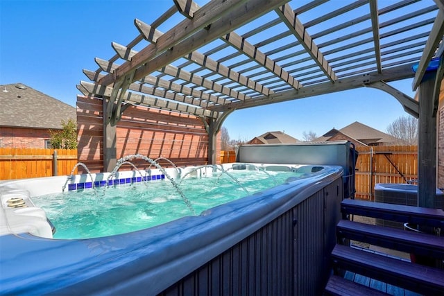 view of pool featuring central AC unit, a fenced backyard, and a hot tub