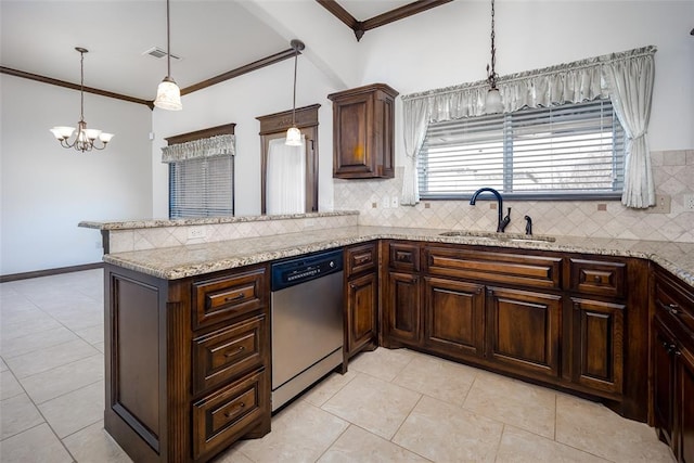 kitchen featuring crown molding, decorative backsplash, stainless steel dishwasher, an inviting chandelier, and a sink