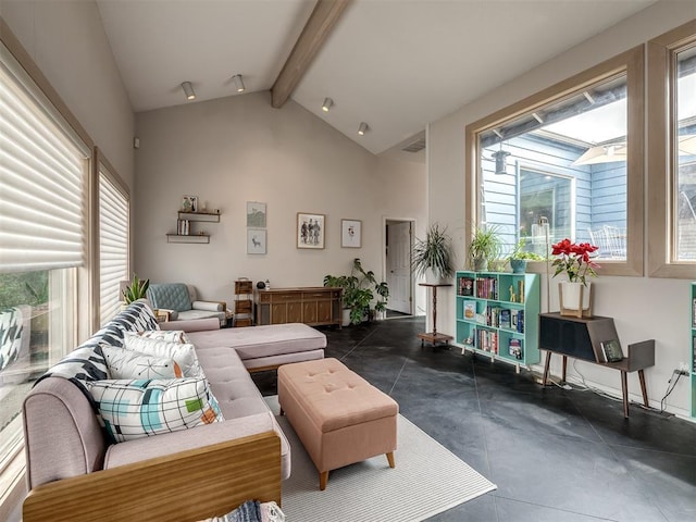 living room with visible vents, plenty of natural light, high vaulted ceiling, and beam ceiling