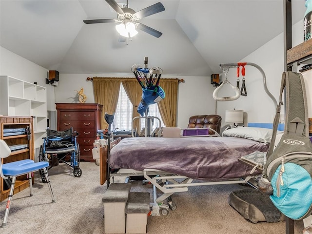 bedroom featuring lofted ceiling, a ceiling fan, and carpet floors