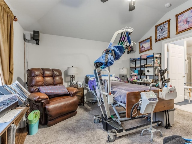 bedroom featuring vaulted ceiling, carpet, and ceiling fan