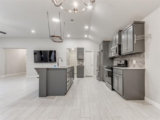 294 Emmy Jean Dr, Blanchard, OK 73010 - kitchen with backsplash, gray cabinets, a sink, a center island with sink, and appliances with stainless steel finishes