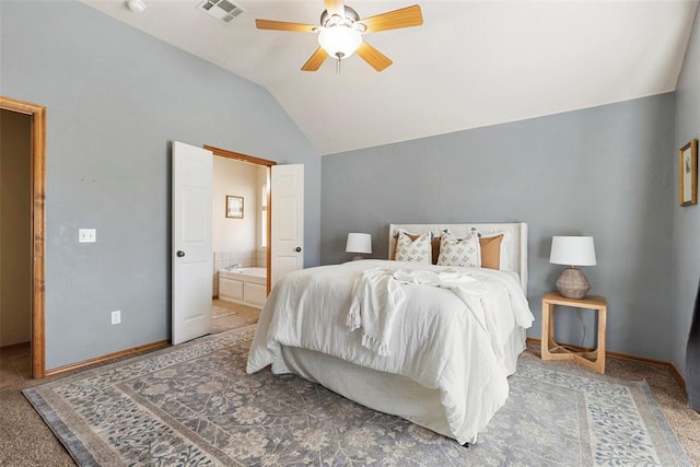 bedroom with visible vents, ensuite bath, baseboards, lofted ceiling, and ceiling fan