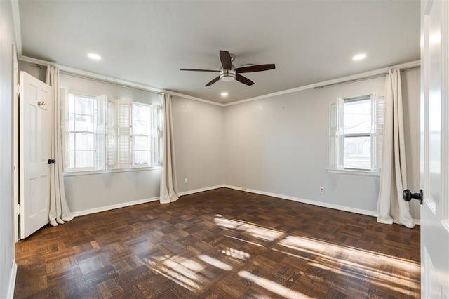 unfurnished room with recessed lighting, a ceiling fan, crown molding, and baseboards