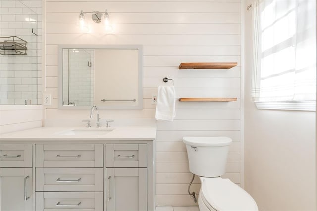 bathroom with toilet, walk in shower, and vanity