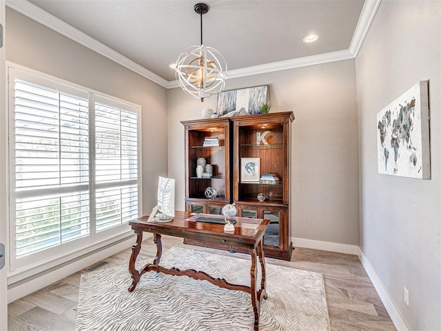 office featuring visible vents, crown molding, baseboards, recessed lighting, and a notable chandelier