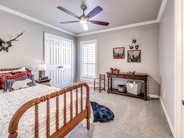 bedroom featuring a closet, carpet floors, crown molding, and a textured wall