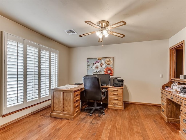 office featuring visible vents, baseboards, light wood-style floors, and a ceiling fan