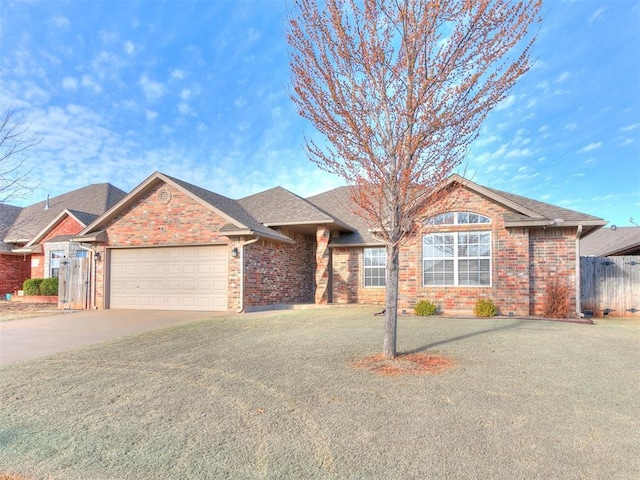 single story home featuring brick siding, fence, roof with shingles, a garage, and driveway