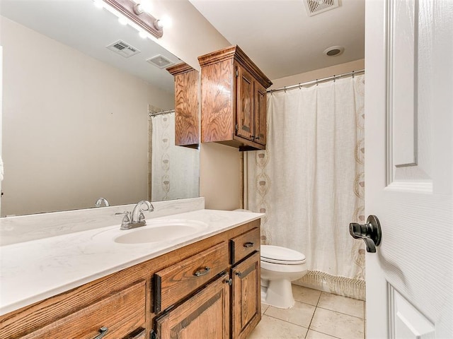 bathroom with tile patterned floors, visible vents, toilet, and vanity