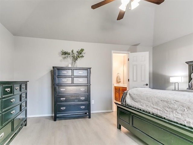 bedroom with baseboards, a ceiling fan, vaulted ceiling, and light wood finished floors