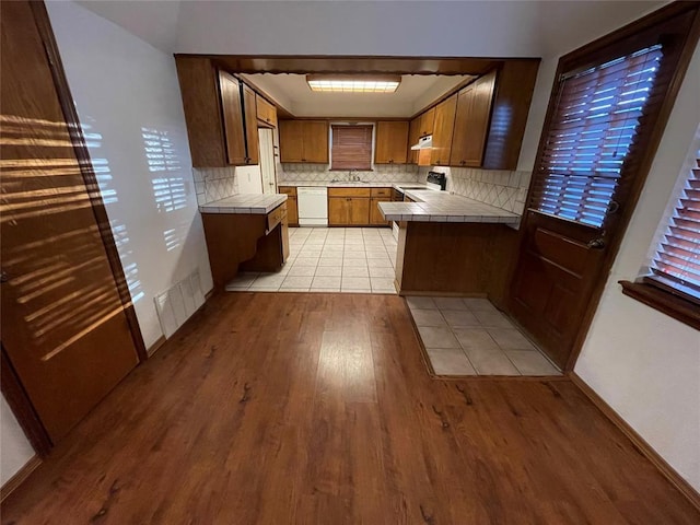 kitchen featuring range with electric cooktop, light wood-style flooring, under cabinet range hood, decorative backsplash, and tile counters