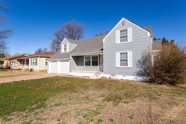 view of front of home featuring a front yard, roof with shingles, a garage, crawl space, and driveway