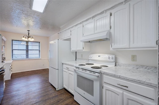 kitchen with premium range hood, an inviting chandelier, white cabinets, white appliances, and dark wood-style flooring