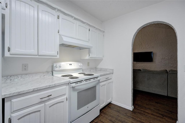 kitchen with electric range, white cabinetry, baseboards, custom exhaust hood, and dark wood-style flooring