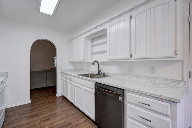 kitchen with a sink, dishwashing machine, dark wood-style floors, white cabinets, and open shelves