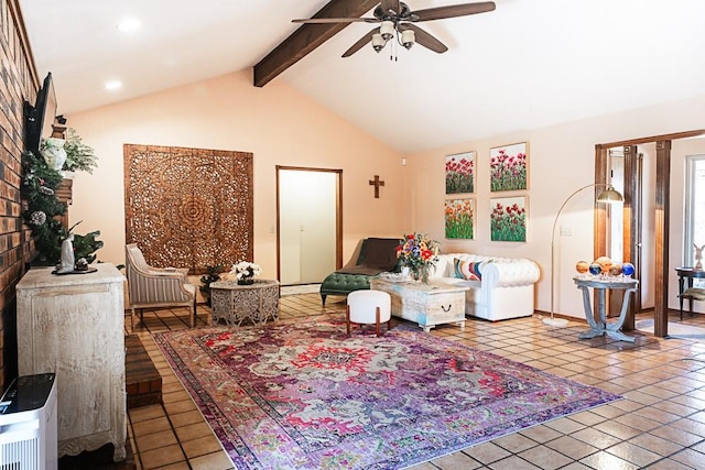 tiled living room featuring beam ceiling, high vaulted ceiling, and a ceiling fan