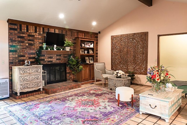 living room with heating unit, light tile patterned floors, lofted ceiling with beams, a fireplace, and recessed lighting