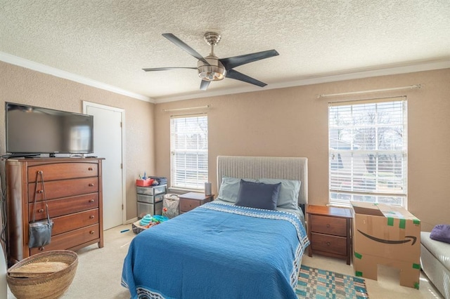 carpeted bedroom featuring ceiling fan, crown molding, and a textured ceiling