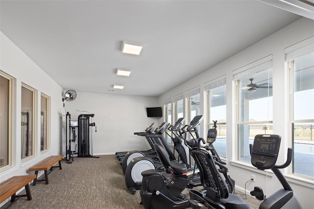 workout area with baseboards and carpet