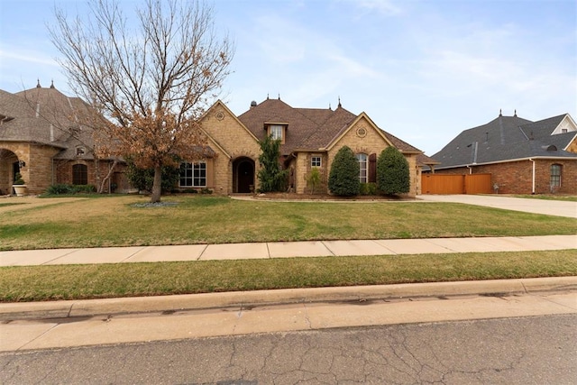 french country inspired facade with concrete driveway, an attached garage, a front yard, and stone siding