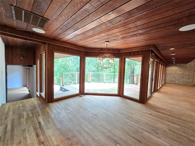 801 NE Ave C, Idabel, OK 74745 - unfurnished dining area with wood ceiling, a chandelier, wood walls, and wood finished floors