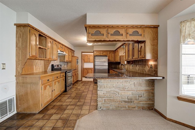 kitchen featuring a sink, under cabinet range hood, tasteful backsplash, appliances with stainless steel finishes, and a peninsula