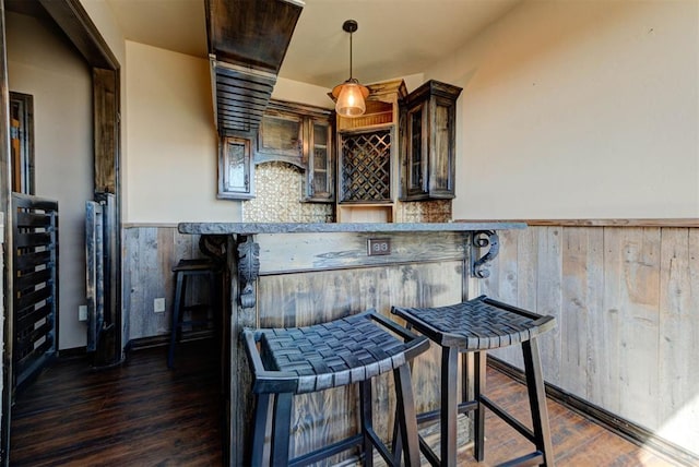 kitchen with glass insert cabinets, dark wood-type flooring, a wainscoted wall, wood walls, and pendant lighting