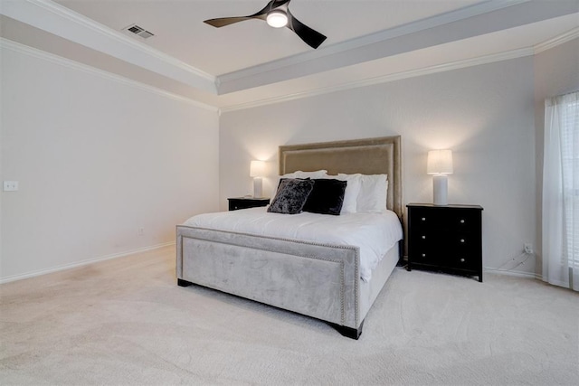 bedroom with visible vents, carpet floors, baseboards, and ornamental molding