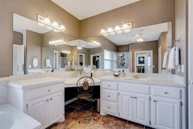 full bath with a garden tub, vanity, a ceiling fan, and a shower stall