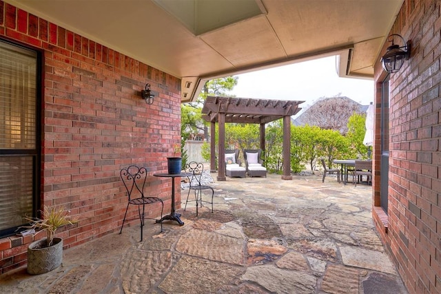 view of patio featuring outdoor dining space, a mountain view, and a pergola