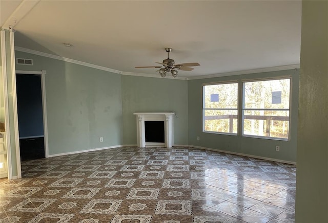 unfurnished living room featuring visible vents, baseboards, a fireplace, ceiling fan, and crown molding