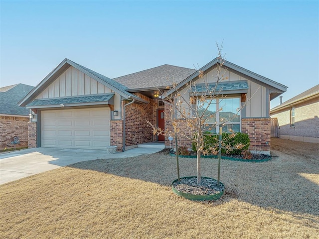 view of front of home with board and batten siding, concrete driveway, roof with shingles, a garage, and brick siding