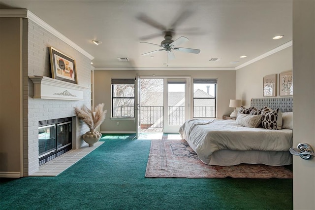 bedroom featuring visible vents, carpet floors, crown molding, and access to outside