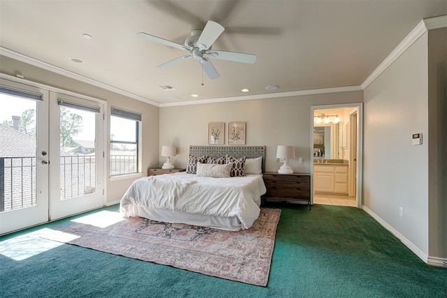 bedroom featuring access to exterior, french doors, dark colored carpet, and ornamental molding