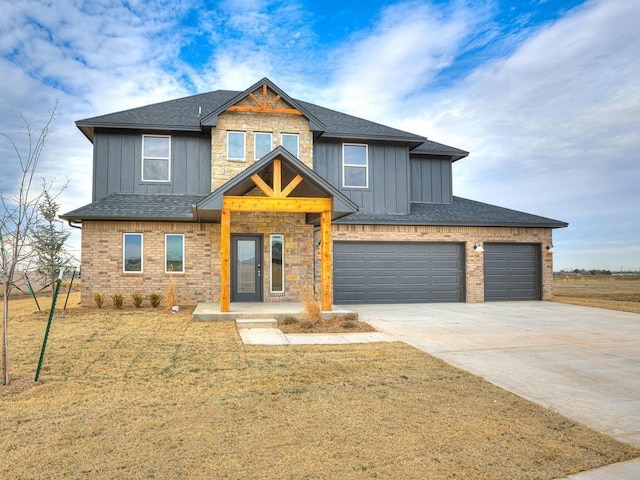 craftsman house with board and batten siding, an attached garage, driveway, and roof with shingles