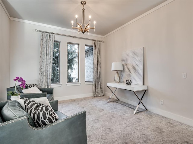 interior space featuring carpet flooring, a notable chandelier, baseboards, and ornamental molding