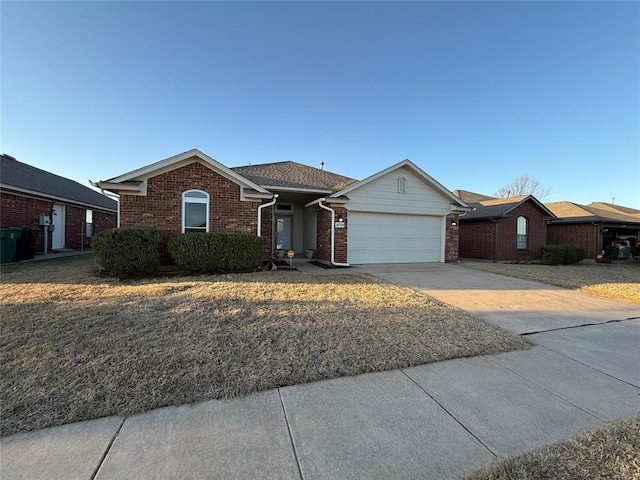 ranch-style house featuring concrete driveway, a garage, brick siding, and a shingled roof