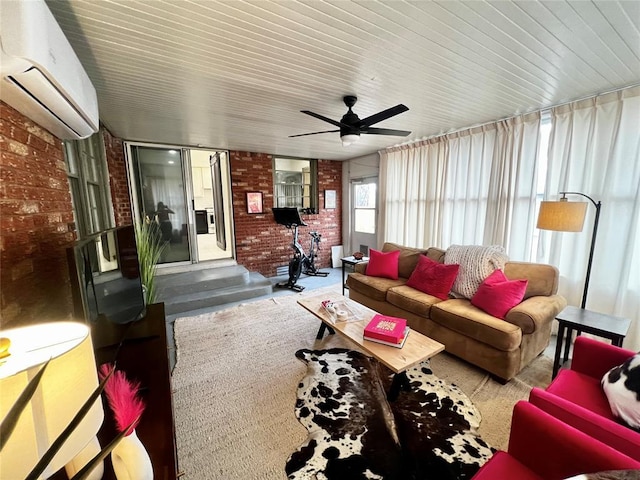 sunroom featuring a wall mounted air conditioner and ceiling fan