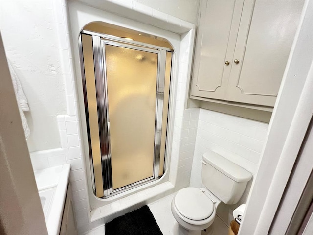 full bathroom with a shower stall, tile walls, vanity, and toilet