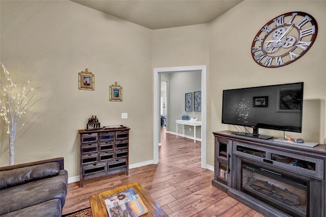 living room with baseboards and wood finished floors