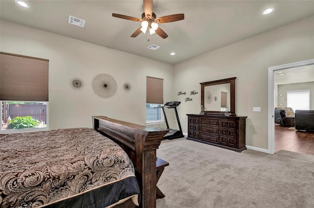 bedroom featuring recessed lighting, visible vents, baseboards, and carpet flooring