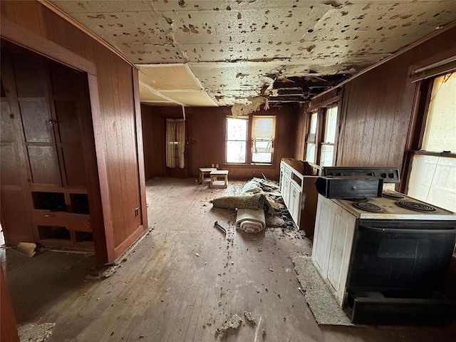 interior space featuring wooden walls