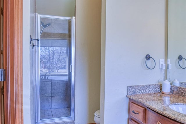 bathroom with toilet, a stall shower, and vanity