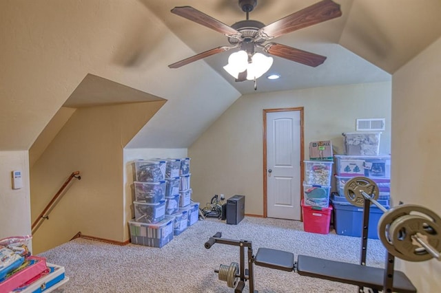 game room with visible vents, a ceiling fan, carpet floors, baseboards, and vaulted ceiling