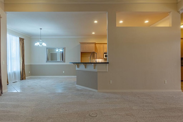 unfurnished living room with light tile patterned floors, baseboards, an inviting chandelier, crown molding, and light colored carpet