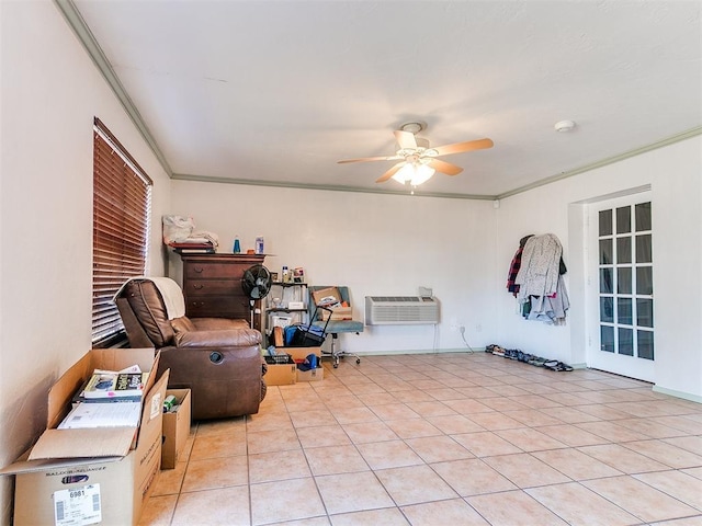 living area featuring light tile patterned flooring, an AC wall unit, a ceiling fan, and ornamental molding