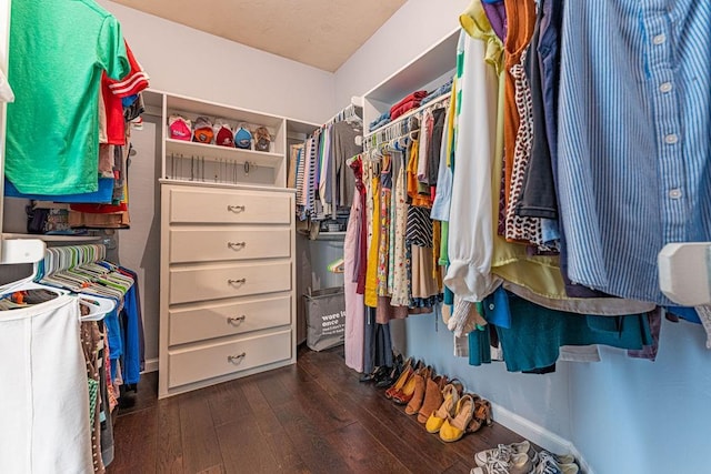 walk in closet featuring dark wood finished floors