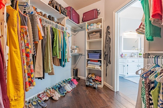 walk in closet with a sink and wood finished floors