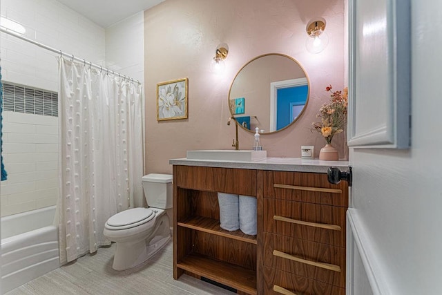 full bath with toilet, shower / tub combo with curtain, and vanity